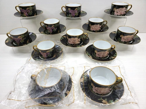 24 Pc Fitz & Floyd Cloisonne Peony Black Cups Saucers Set Vintage 1979 Japan Lot