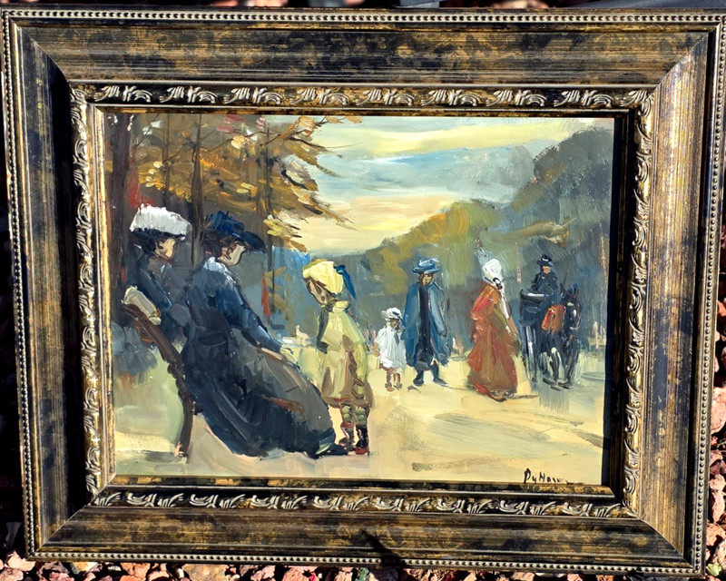 Original Oil Painting Girl & Women on Bench Signed Gerrit Du Hoven Framed 12x16