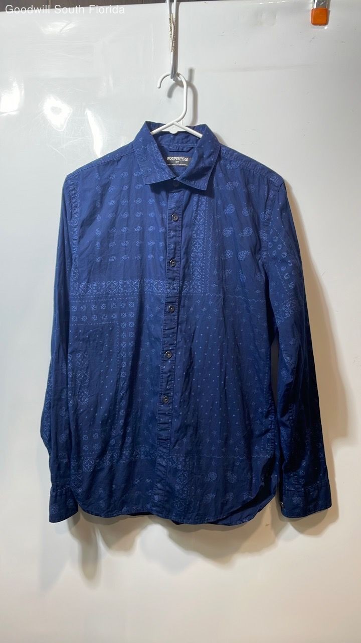 Express Mens Blue Printed Long Sleeve Collared Button-Up Shirt Size Small