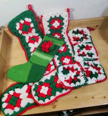  Granny Square Stockings Lot 4 Vtg Christmas Kitsch Poinsettia Crochet MCM Retro