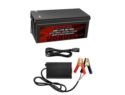 36V 105Ah LiFePO4 Battery/Charger Built-in 105A BMS, Bluetooth, Low Temp Cut-Off