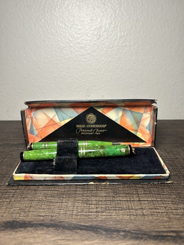 Vintage WAHL EVERSHARP OS DECOBAND JADE Fountain Pen Pencil 14K M NEAR MINT