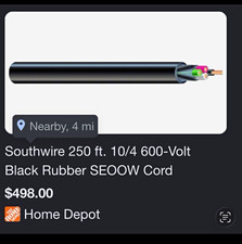Southwire SEOOW 10/4 10AWG 4C Copper 600V Black Rubber Cord 250ft 55039401