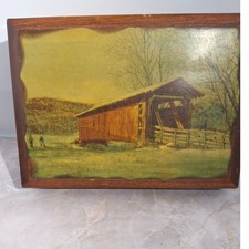 A Vintage Wooden Box Hinged Lid Covered Bridge Motif Cottagecore Keepsake Rustic