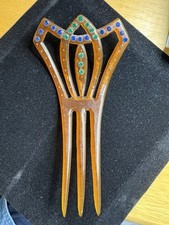 B1/ VTG Art Deco Hair Comb Bakelite Faux Tortoise Shell Blue/ Green Rhinestones
