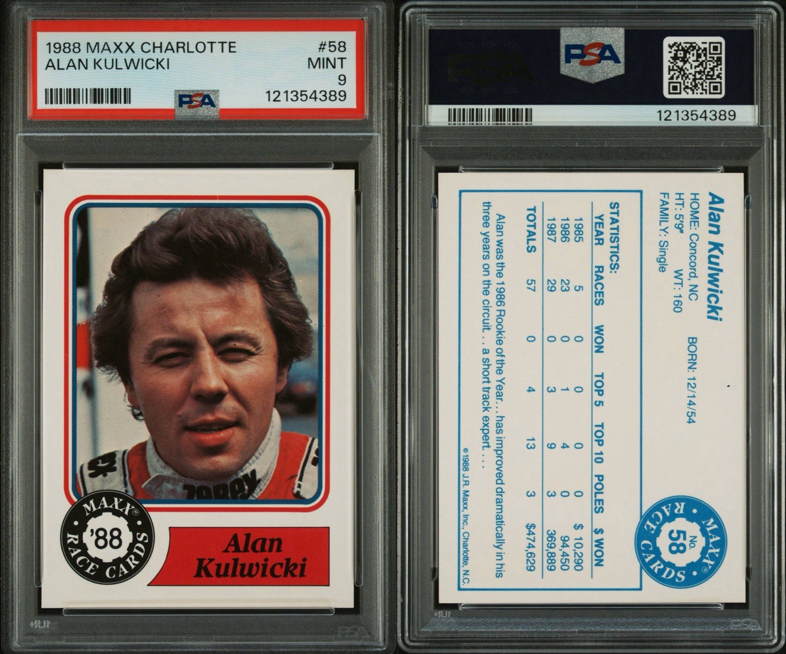 1988 Maxx Charlotte Alan Kulwicki NASCAR Rookie Card #58 Graded PSA 9 view 3