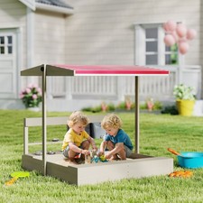 Outsunny Kids Wooden Sandbox with Canopy, Kitchen Toys, Seat, for Outdoor