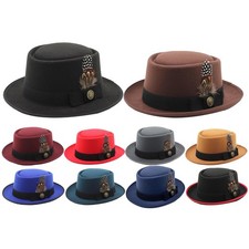 Men Pork Pie Bowler Hat Dad Flat Fedora Gambler Feather Dance Jazz Cap Lady