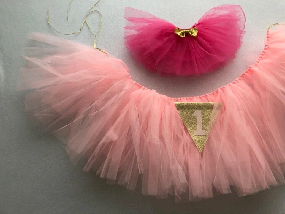 Baby's First 1st Birthday Banner Pink Tulle And Bright Pink Skirt - Image 3 of 4