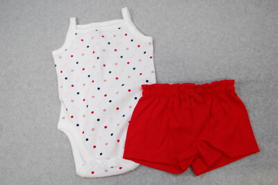 Baby Girls WHITE TANK TOP Bodysuit POLKA DOTS STARS Red Knit Shorts 0-3  MO