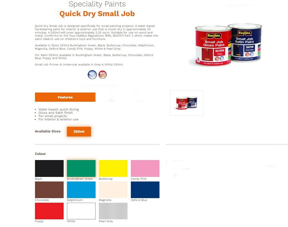 Rustins Small Job Gloss & Satin Colour Paint Indoor & Outdoor Use For