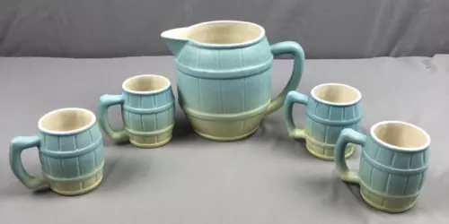 Vintage 1992 Dryden Pottery Barrel Pitcher and 4 Matching Mugs Cups Blue Yellow