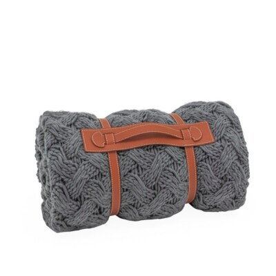 Nordic Yarn 50x60 Throw with Faux Leather Carrier - Grey