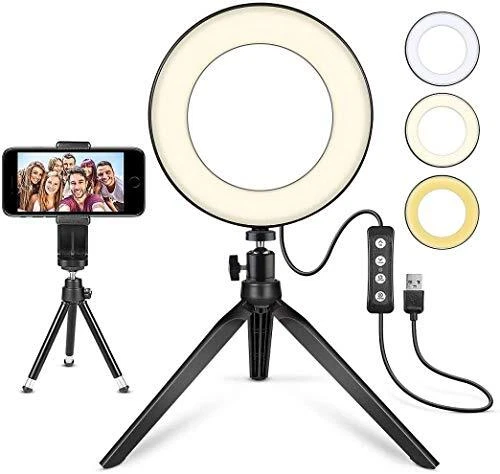 LED Ring Light 6 inch with Tripod Stand for  Video and Makeup, Mini LED Camera Light with Cell Phone Holder Desktop LED Lamp with 3 Light Modes