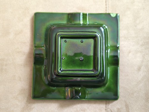 Vintage MCM Drip Art Glazed Pottery Ashtray Trinket Dish Green Blue Square 5.75" - Picture 5 of 7