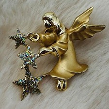 Vtg Gigi Giusti Gold Tone Angel w/ Rhinestone Stars Lapel Pin