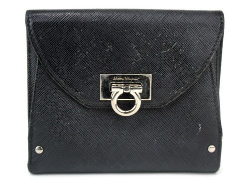 Salvatore Ferragamo Gancini Saffiano BiFold Wallet Black Leather Purse Italy - Picture 2 of 23