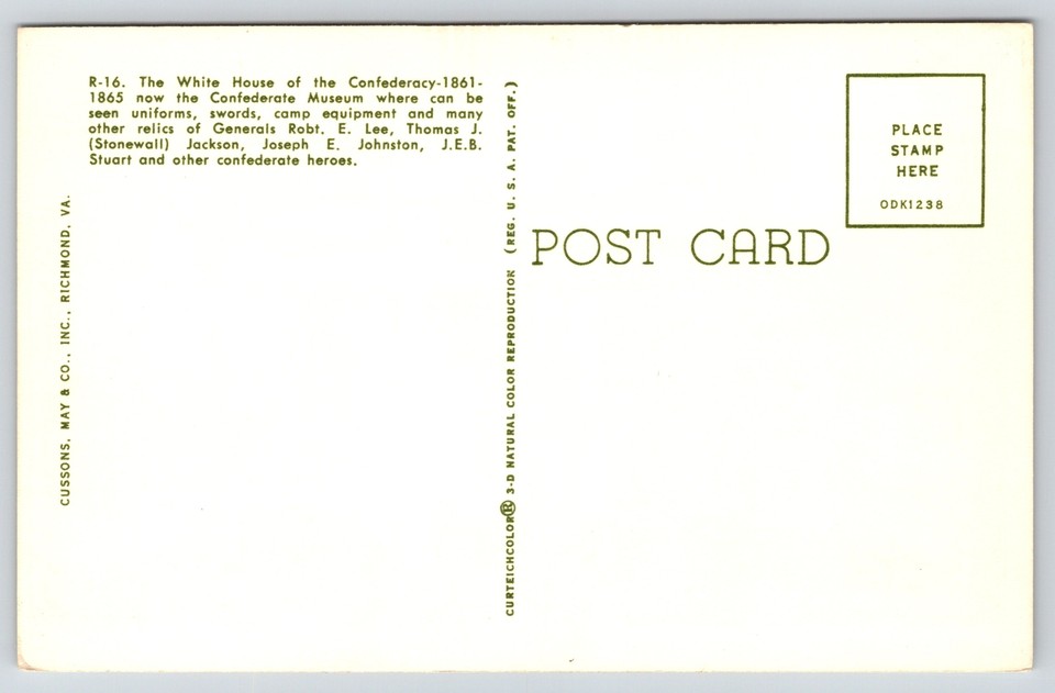Richmond VirginiaWhite House of ConfederacyCivil War1950s Postcard