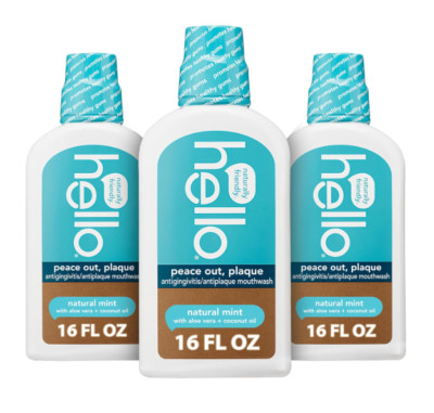 Hello Peace Out Plaque Mouthwash, Alcohol-Free, Mint with Aloe &Coconut Oil 16oz
