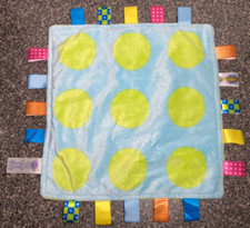 Taggies Blue Green Polka Dots Baby Security Blanket with Ribbon Tags 12 x 12
