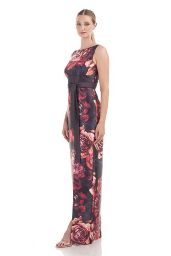 KAY UNGER Rose Floral Print Belted Bow Tie Carina Mikado Hi-Slit Column Gown 12 - Picture 6 of 10