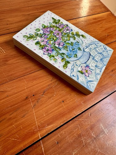 Floral still life blue & white teacup lace original art painting cottagecore - Picture 3 of 3