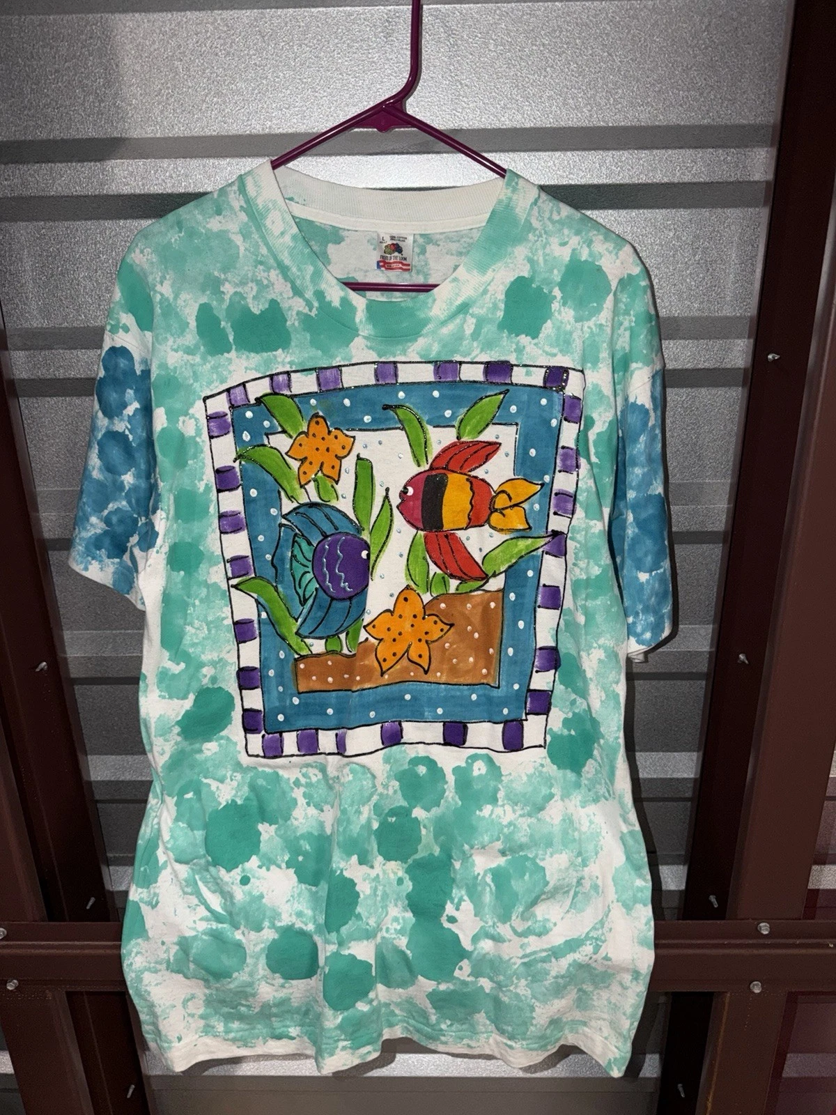 Vintage 90’s Fruit Of The Loom Tie Dye Hand Painted Tropical Fish Shirt Large L