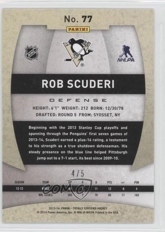 2013-14 Totally Certified Platinum Green /5 Rob Scuderi #77 - Image 2 of 2