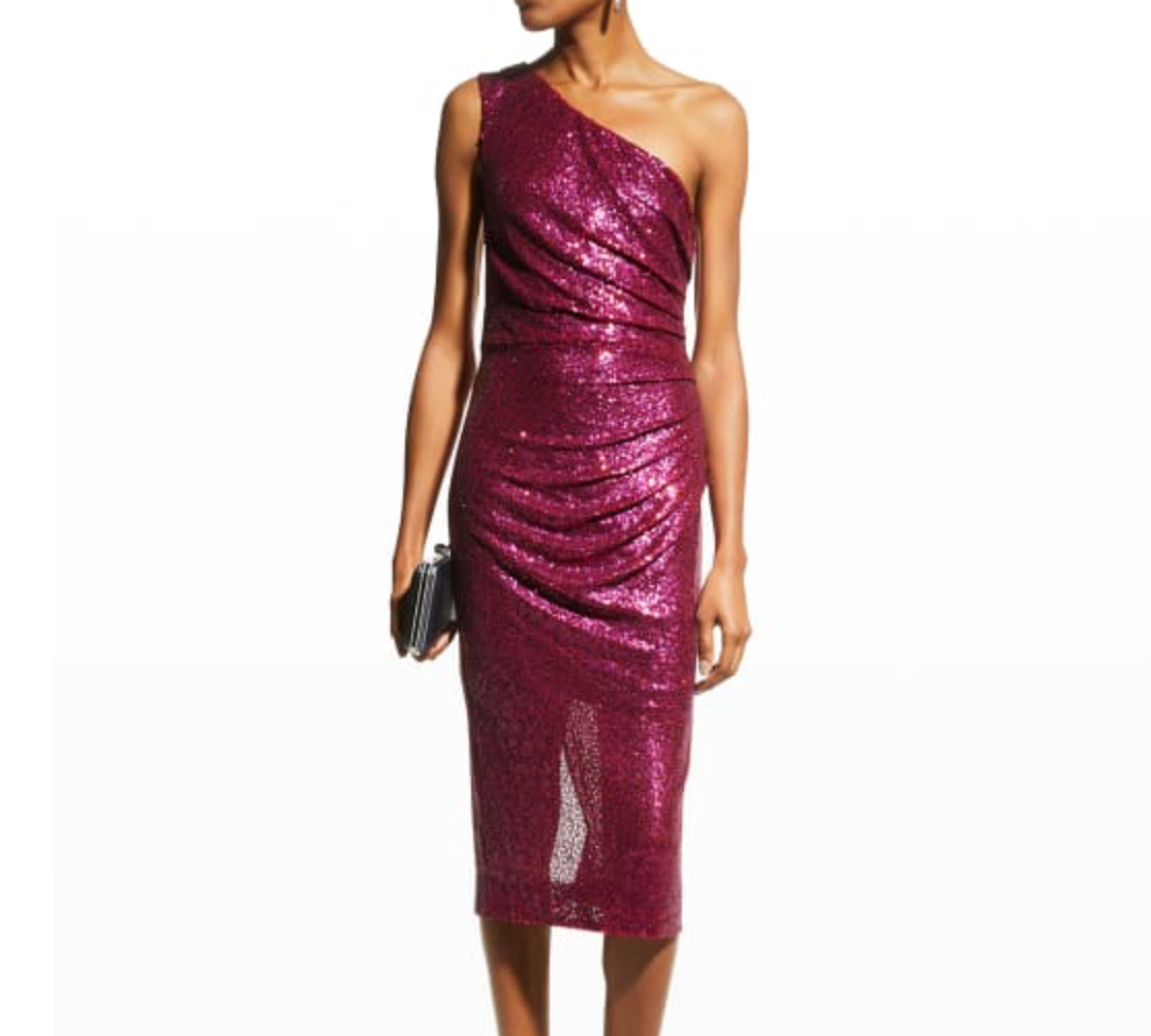 Dress The Population Martine Ruched Sequin Dress One-shoulder Fuchsia Size XXS