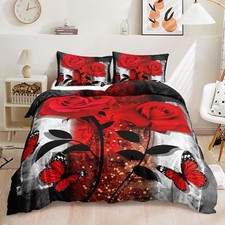 Red Rose Duvet Cover Set Size, Grey Retro Couple Rose Comforter Queen Rose123