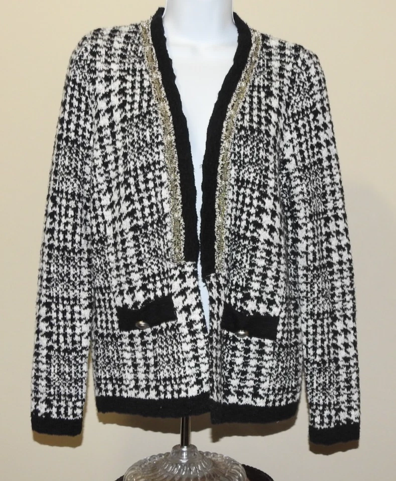 Cárdigan suéter para mujer Cicos talla 0 negro blanco pata de gallo frente abierto tweed Foto 2 de 4