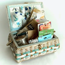 Vintage SEWING Basket Box Japan Woven Wicker FULL Old Notions Supplies Mixed Lot