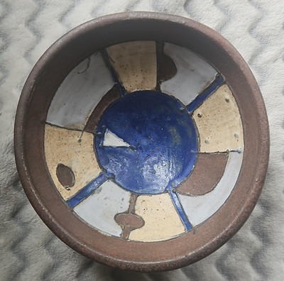 Handmade Hand-Painted Art Pottery Round Ceramic Bowl, Abstract Blue White Brown