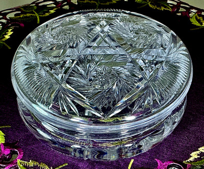 American Brilliant Cut Glass Crystal Covered Vanity Dresser Box with Lid.