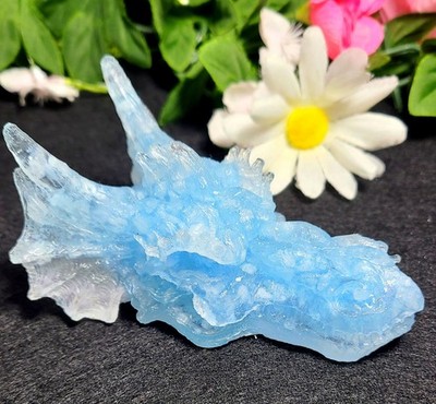 Rare 4'' Pretty Aquamarine Crystal Orgonite Dragon Head Skull Soothing Gemstone