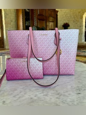 Michael Kors Sheila Large Ombre Signature Logo Tote Bag and Wallet Carnation NWT