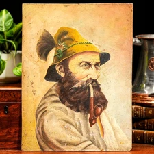 Neat Portait Man Beard Smoking Pipe Antique Oil Painting Decor Man Cave