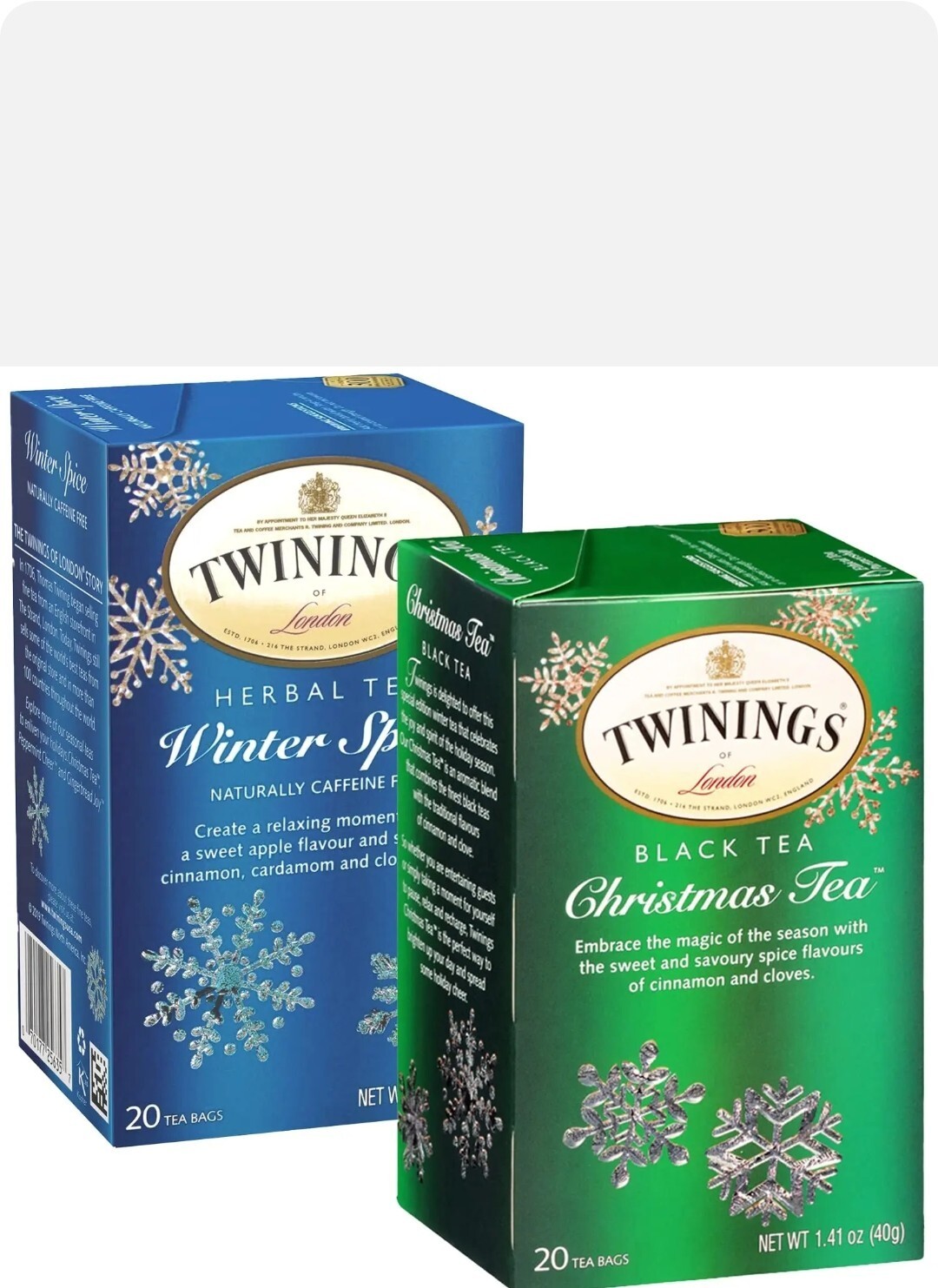 Twining Tea Bags Set Christmas-Tea and Winter Spice Two Pack Combo 40 Tea Bags 