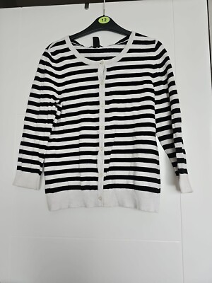 H&M BASIC STRICKJACKE SCHWARZ & WEISS STREIFEN RUNDHALS STRICKKNOPF M 10-12