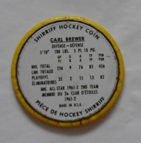 1962-63 Shirriff coins hockey  # 51 Carl Brewer  AS All-Star  NEW 5 # - Picture 2 of 2