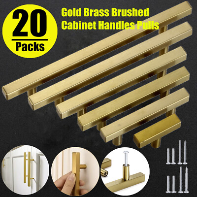 20Pcs Gold Brass Brushed Kitchen Cabinet Handles Square Hardware Drawer Pulls