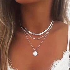 Simple Multi Layered Lotus Pendant Necklace Beads Decor Round Piece Chain Trendy