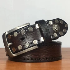 Real Leather Waist Belt Gold Rivet Studded Unisex Punk Biker Waistband Handmade