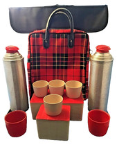 VTG 1950/60 Thermos Brand Soft Shell Red/Black Plaid Picnic Lunch Box Set USA
