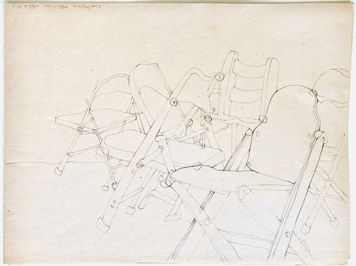 Vintage 80s Pencil Drawing Folding Chairs Art Engineer Mechanical Furniture MCM