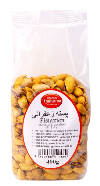 Pistachos tostados salados con azafrán 400gr pistachos, azafrán salado asado