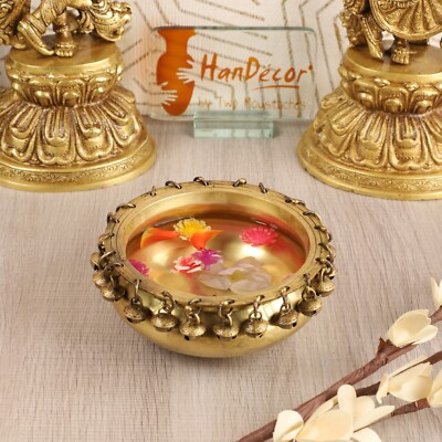 Two Moustaches Brass Urli Traditional Bowl with Bells Showpiece , Urli for Decor