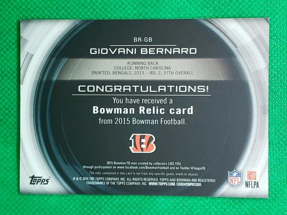 Giovani Bernard 2015 Bowman #BR-GB Relic Memorabilia Jersey Patch - Bengals - Image 2 of 2
