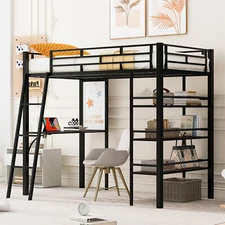 Twin Size Loft Metal Bed with Desk &3 Layers Shelves For Kids Teen Bedroom,Black