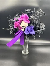 Haunted Hill Farm Halloween Bouquet w/ Pink and Black Flowers & Skull